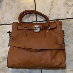 Michael Kor Hamiton Elegant Tan Leather Satchel with Chain Accents
